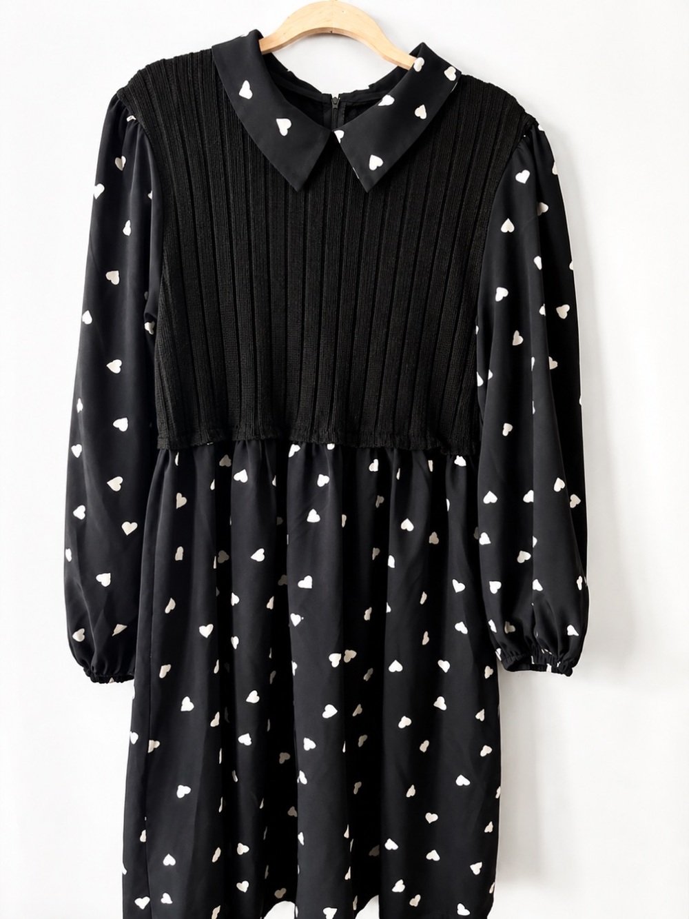 Black Heart Print Long Sleeve Collared Women’s Dress